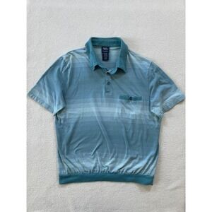 Vintage John Blair Mens Large Banded Polo Shirt Teal Blue Striped Chest Pocket